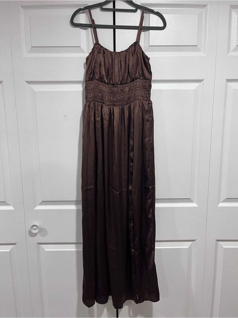 Abercrombie & Fitch Brown Satin Smocked Waist Maxi Dress